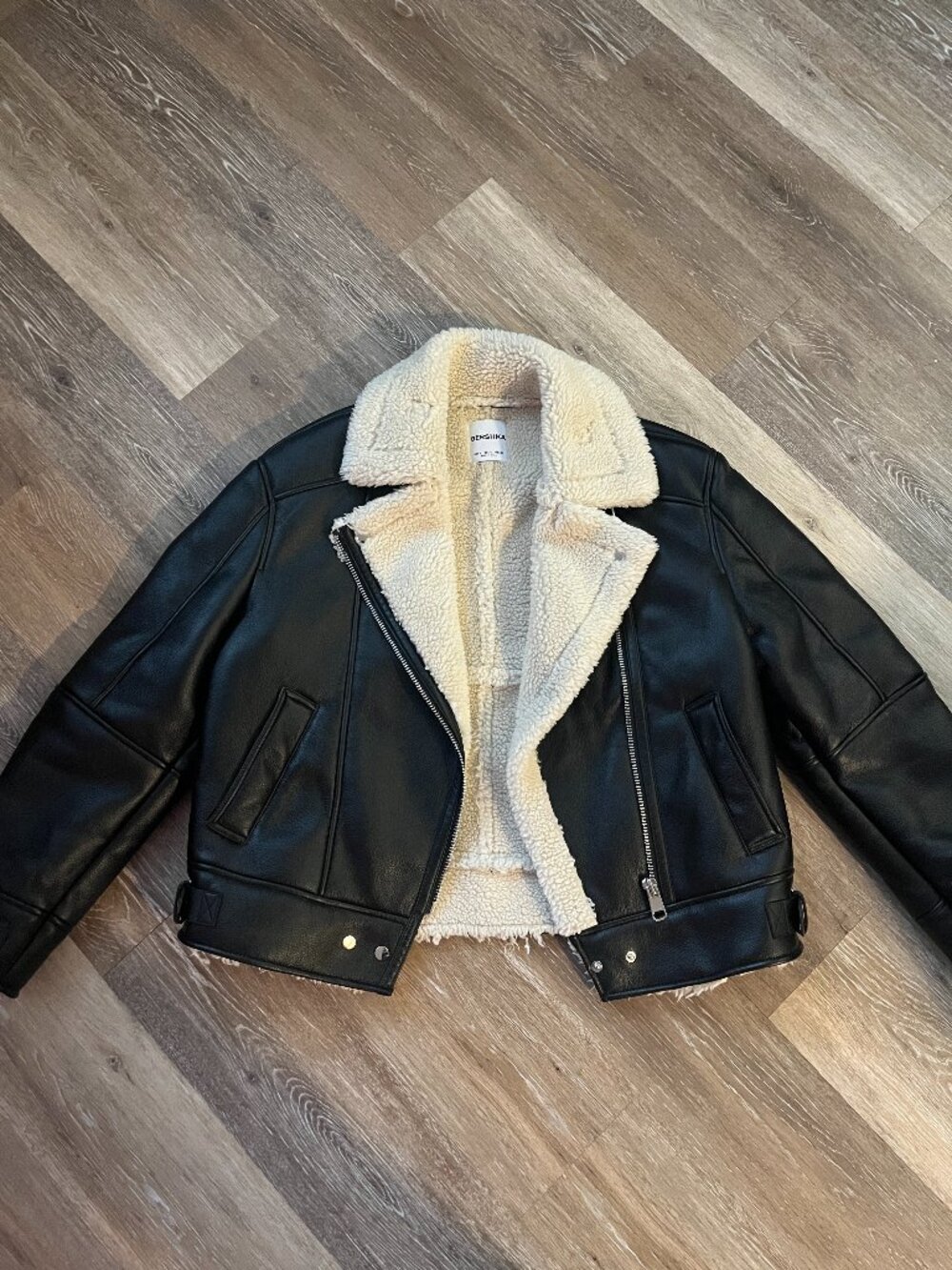 Bershka aviator jacket black faux leather & cream shearling trim